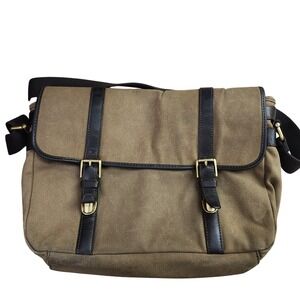 Fossil Mens Canvas Leather Messenger Bag Olive Green Laptop Crossbody Satchel